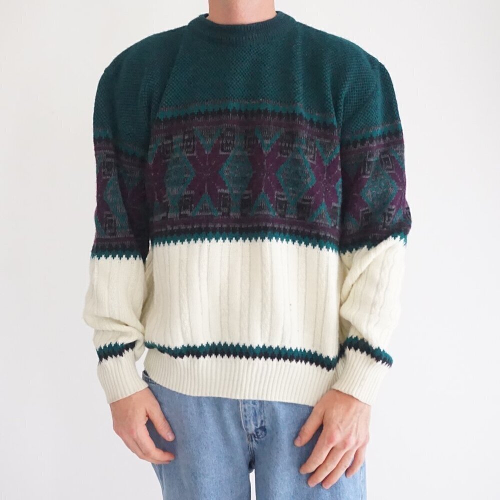 Vintage Ash Creek Green Cream Cottagecore Eclectic Grandpa Crewneck Sweater L